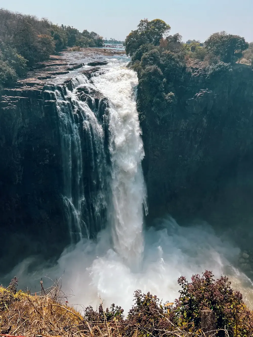 Aerial view of Devil's Pool at the edge of Victoria Falls