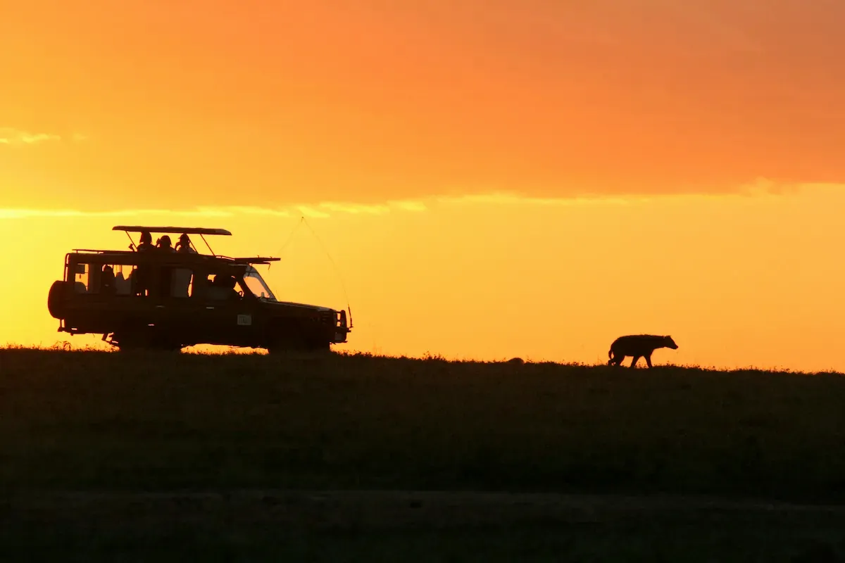 Safari vehicle silhouetted at sunset near Victoria Falls